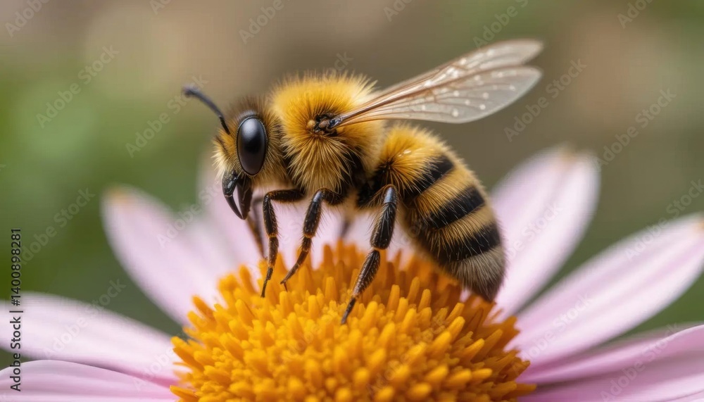 Honeybee Close-up on Pink and Orange Daisy, Pollen Collection Honeybee Close-up on Pink and Orange Daisy, Pollen Collection
