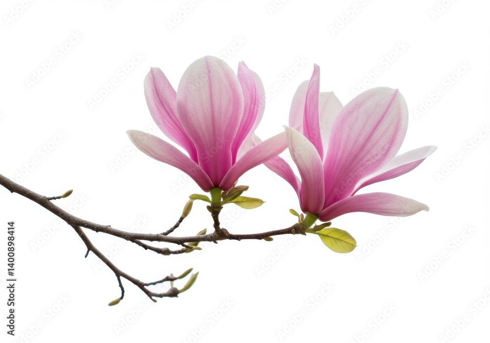 Obraz premium Close up of two pink magnolia flowers blooming on a branch spring isolated on white background