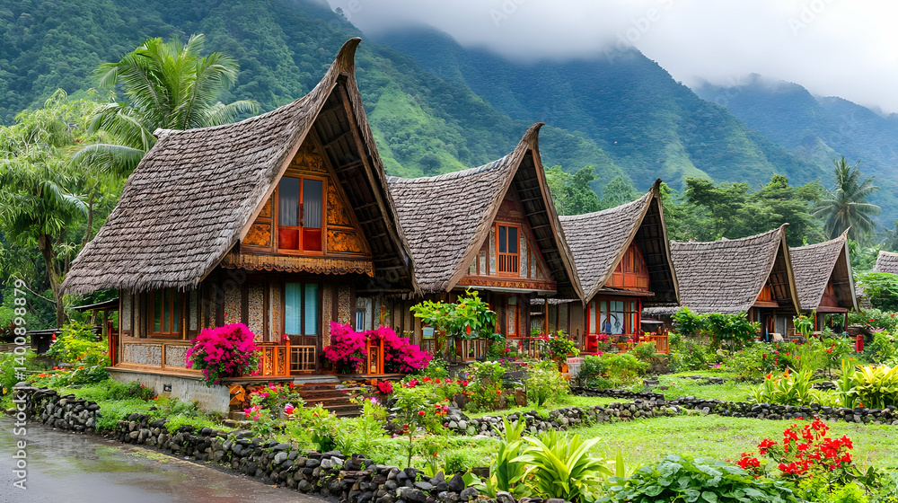 Thatched Roof Huts in Tropical Village with Lush Green Mountains in Background and Vibrant Flowers in Foreground at Daytime