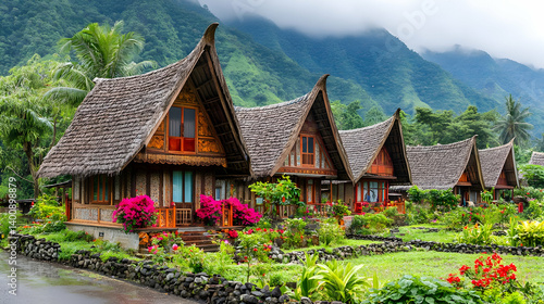 Obraz na płótnie Thatched Roof Huts in Tropical Village with Lush Green Mountains in Background and Vibrant Flowers in Foreground at Daytime w salonie