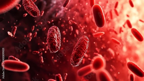 Close-up view of red blood cells and mitochondria in a vibrant, abstract medical background