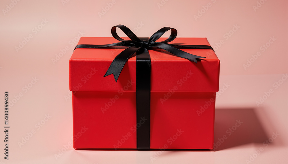 Red Gift Box with Black Ribbon against Soft Pink Background Red Gift Box with Black Ribbon against Soft Pink Background