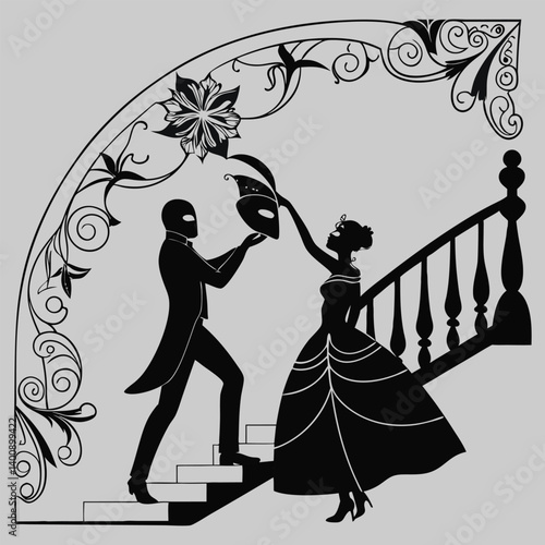 Masquerade ball with masked dancers silhouette vector design art and illustration