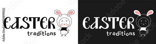 Two variants of stylish template with Easter greeting and traditional character. Chicken in hat ears and inscription on white and black background. Minimalistic black and white design and pink spots