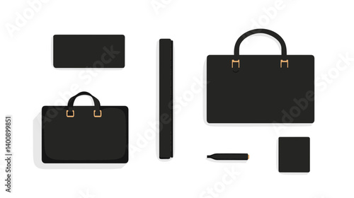 Black Leather Briefcase and Stationery Set on White Background
