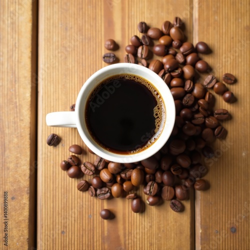 Espresso coffee cup on wooden table with scattered beans, table, espresso, vintage