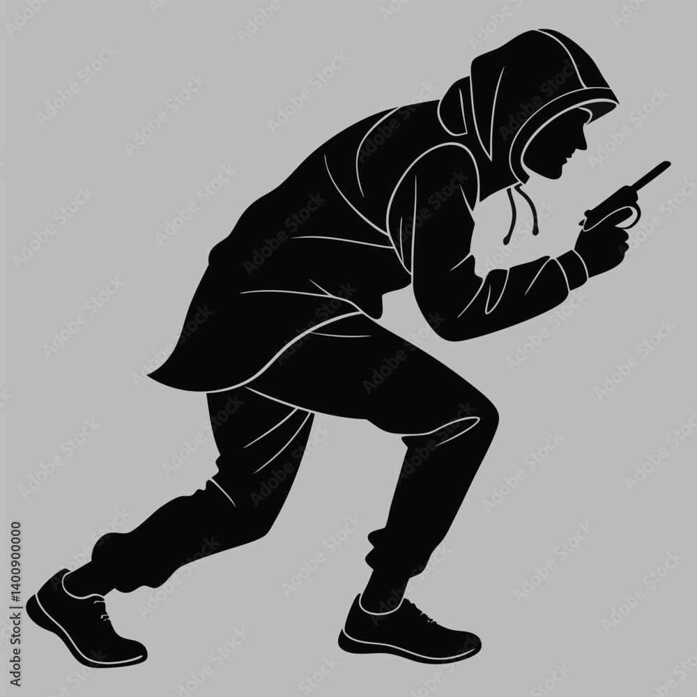 Fototapeta premium Spy sneaking in a crouched position silhouette vector design art and illustration