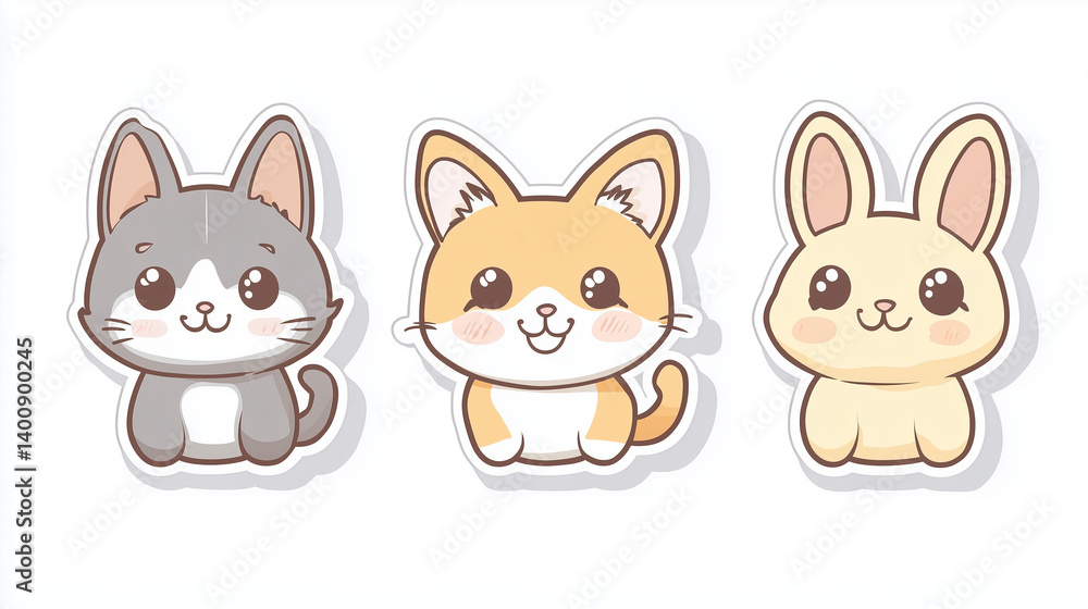 Obraz premium Kawaii Animal Sticker Set Isolated on White Background
