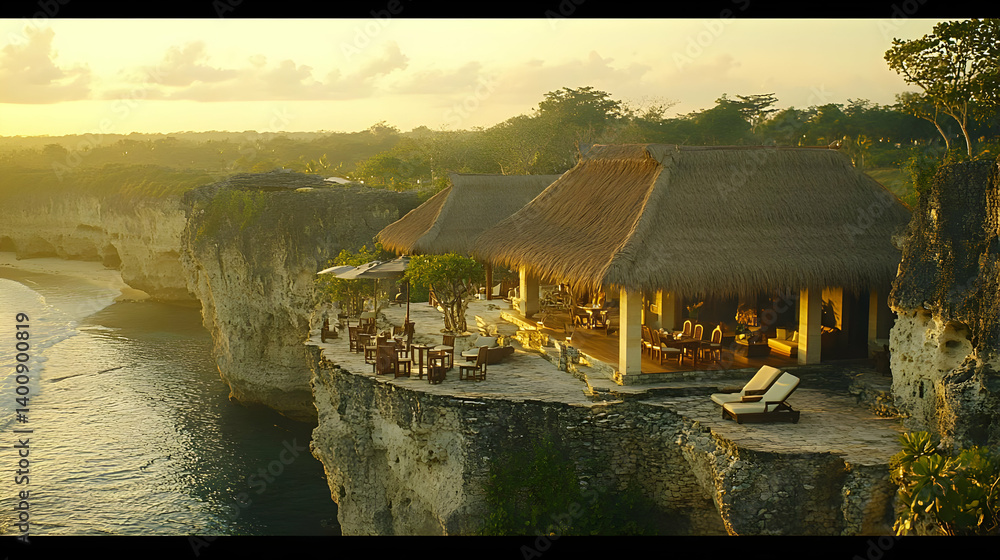 Thatched Roof Structure Perched on Rocky Cliff Overlooking Golden Hour Ocean Scenery with Tropical Cliffside Coastline and Tranquil Waterscape