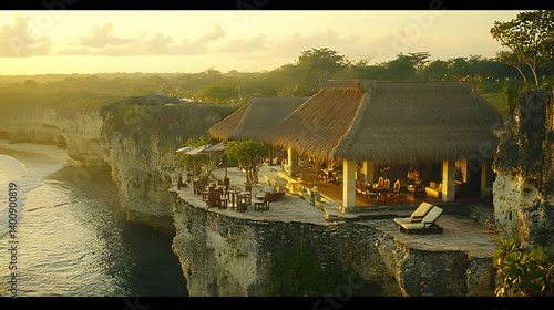 Thatched Roof Structure Perched on Rocky Cliff Overlooking Golden Hour Ocean Scenery with Tropical Cliffside Coastline and Tranquil Waterscape