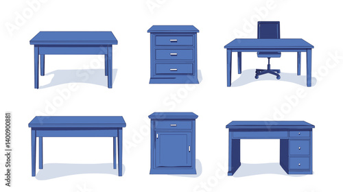 Collection of Blue Minimalist Desks and Filing Cabinets