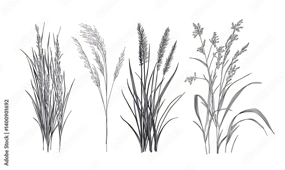 illustrations of various trees, leaves, grasses, and botanical elements on white background. illustrations of various trees, leaves, grasses, and botanical elements on white background.