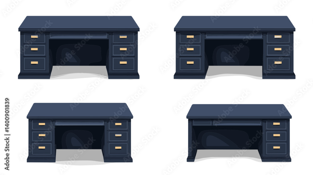 Obraz premium Dark Blue Wooden Office Desk with Gold Drawers Illustration