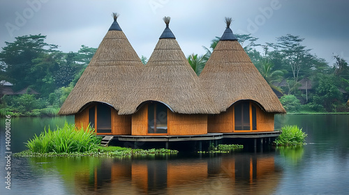 Obraz na płótnie Three Brown Thatched Roof Houses on Stilts in a Tropical Lake Landscape with Reflections and Misty Background in a Calm Setting w salonie