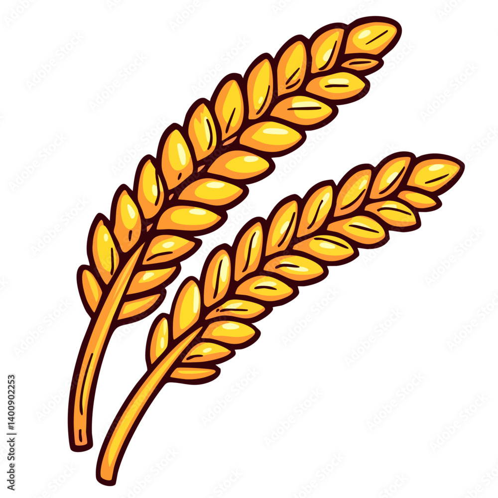 Fototapeta premium Ears of wheat, golden ripe barley grain ear with seeds, hand drawn doodle cartoon clip art, isolated simple vector illustration