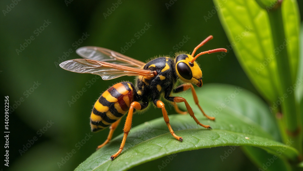 Insect close-up shows wasp perched on green leaf Insect close-up shows wasp perched on green leaf
