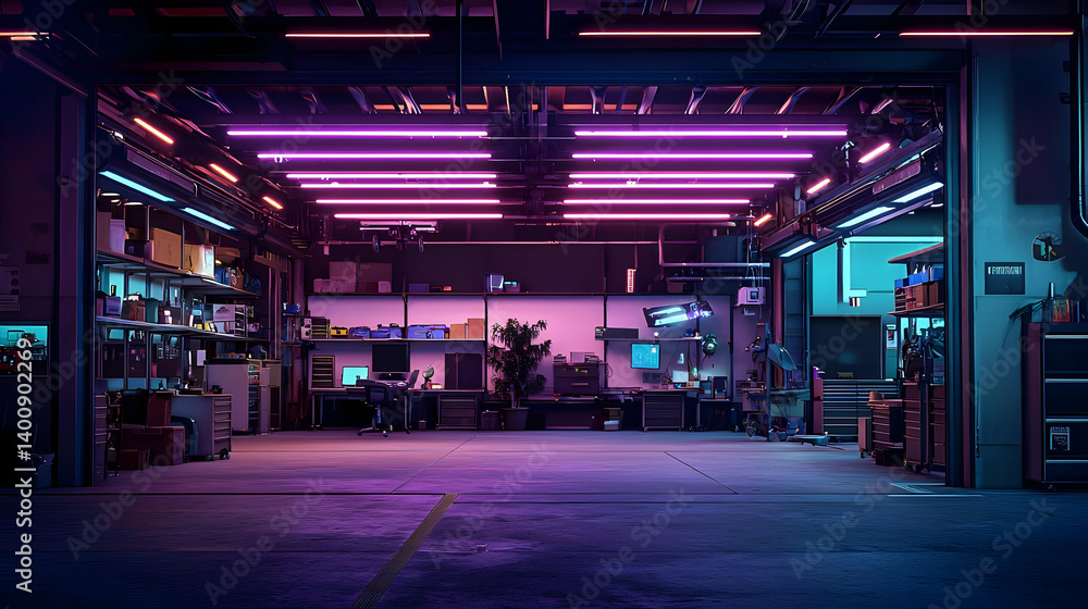 Naklejka premium Glowing Neon Garage Interior With Pixel Art Style