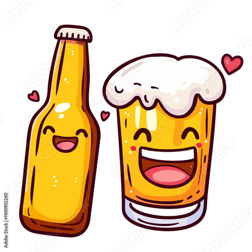Happy beer bottle and glass of beer, cheerful together with floating hearts, hand drawn doodle cartoon character clip art, kawaii isolated cute simple vector illustration