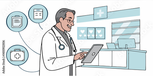 Smiling old middle aged doctor holding using digital tablet standing in hospital looking at camera. Online healthcare telemedicine ehealth services,medical internet technology apps,telehealth concept