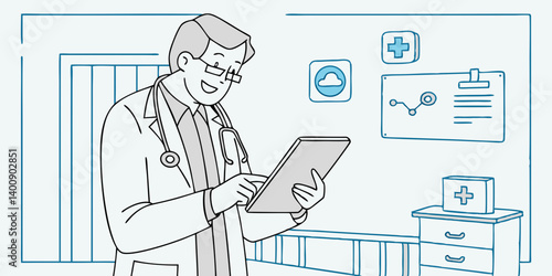 Smiling old middle aged doctor holding using digital tablet standing in hospital looking at camera. Online healthcare telemedicine ehealth services,medical internet technology apps,telehealth concept