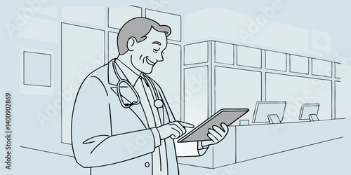 Smiling old middle aged doctor holding using digital tablet standing in hospital looking at camera. Online healthcare telemedicine ehealth services,medical internet technology apps,telehealth concept