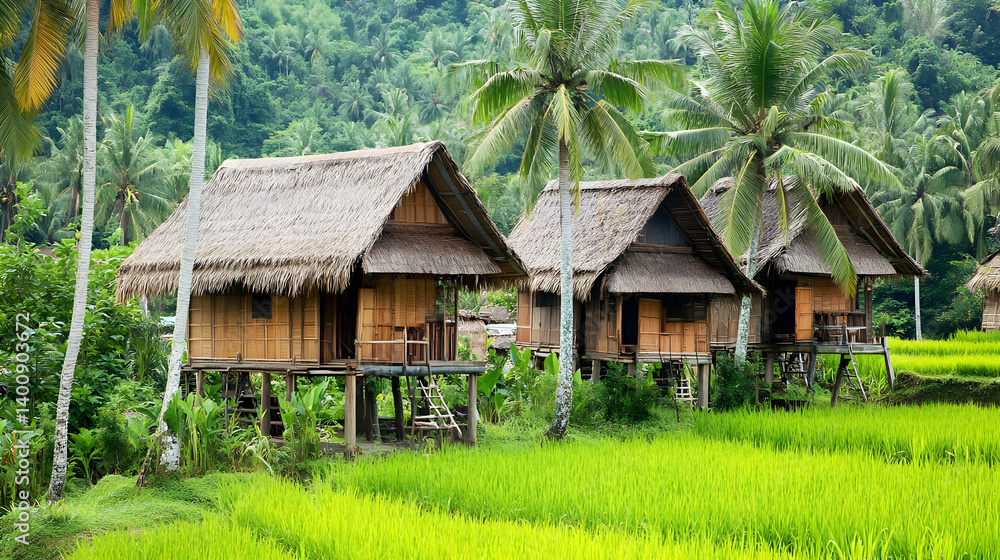 Three Thatched Bamboo Huts on Stilts Amidst Green Rice Paddies in a Tropical Rural Landscape Under Clear Daylight in Asian Village