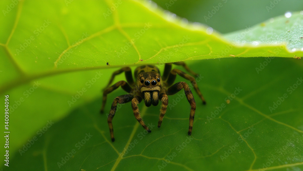 Spider hiding under leaf in lush green environment Spider hiding under leaf in lush green environment