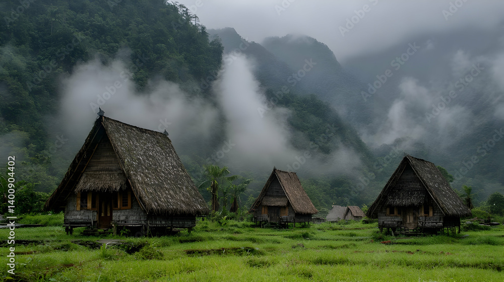 Three Thatched Huts Amidst Lush Greenery and Misty Mountains Forming an Idyllic Landscape Under Overcast Sky