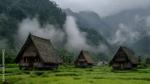 Obraz na płótnie Three Thatched Huts Amidst Lush Greenery and Misty Mountains Forming an Idyllic Landscape Under Overcast Sky w salonie