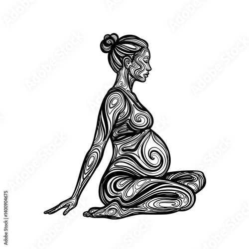 Pregnant woman practicing yoga in a stylized, flowing design  