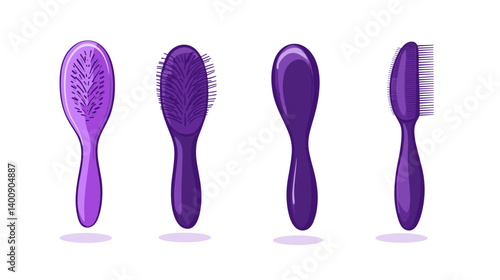 Four Purple Hairbrushes and Comb Set Pixel Art Illustration