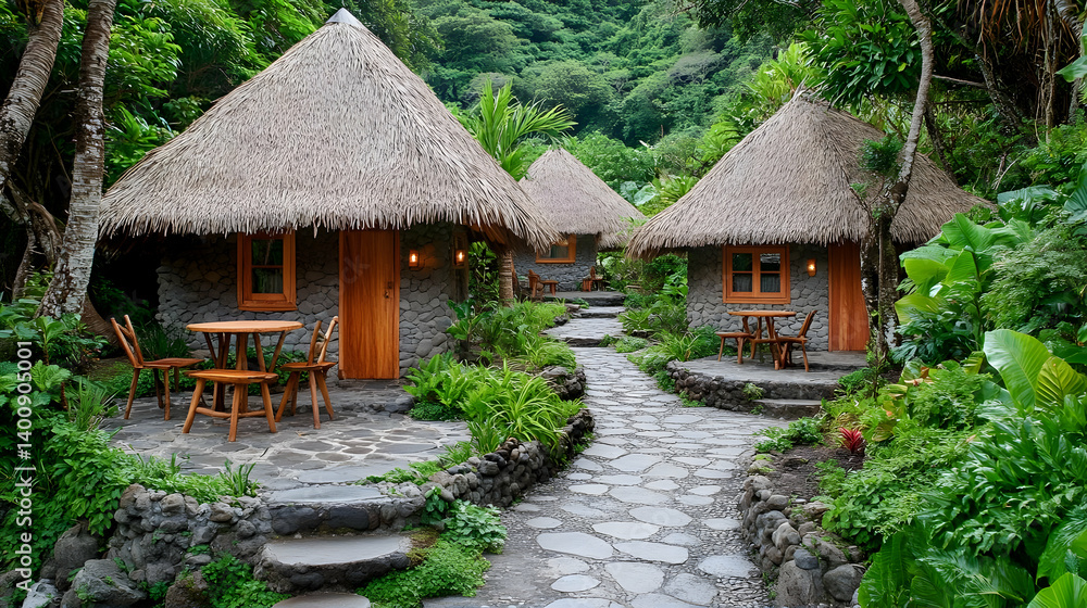 Three Thatched Bungalows at Tropical Resort Surrounded by Lush Greenery Stone Pathways and Rock Stairways Create a Secluded Idyllic Vacation Destination