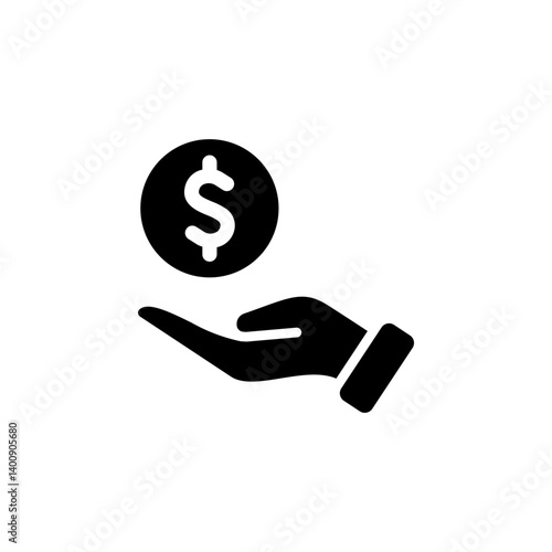 Hand holding out a dollar coin icon. Represents offering money, giving payment, or financial assistance
