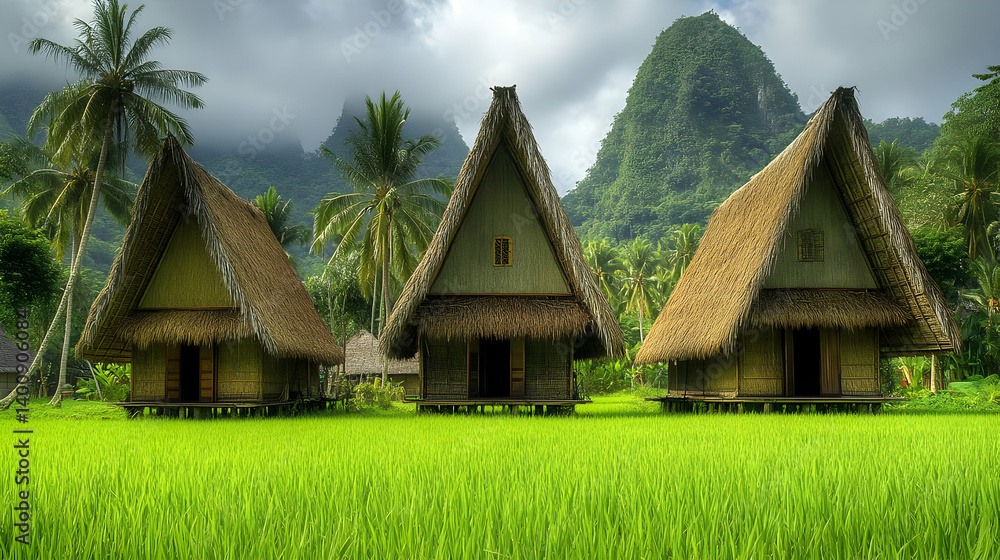 Three Thatched Huts Standing in a Vibrant Green Rice Field with Lush Tropical Hills and Cloudy Sky creating a Rural Tropical Village Landscape