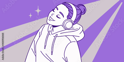 Stylish fashion teenager model wearing hoodie and headphones listening dj music dancing in purple neon lights. Young teen girl enjoy cool music 90s party mix in violet studio background