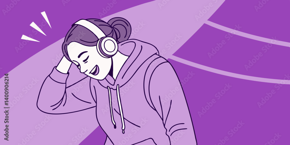 Naklejka premium Stylish fashion teenager model wearing hoodie and headphones listening dj music dancing in purple neon lights. Young teen girl enjoy cool music 90s party mix in violet studio background