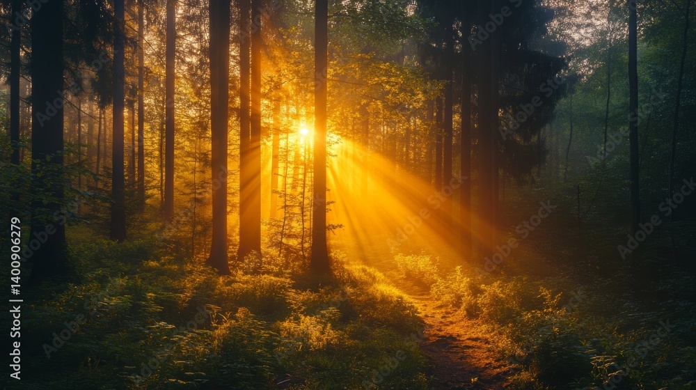Obraz premium Golden Rays of Dawn in Enchanting Forest