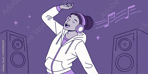 Stylish fashion teenager model wearing hoodie and headphones listening dj music dancing in purple neon lights. Young teen girl enjoy cool music 90s party mix in violet studio background