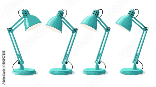Four Teal Desk Lamps in Various Positions on White Background