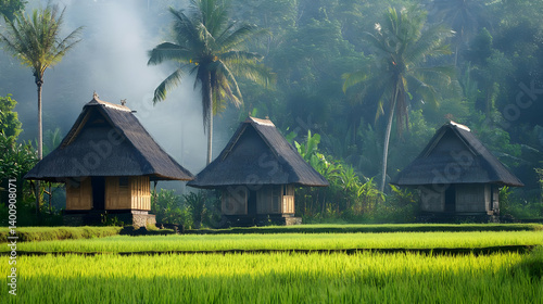 Obraz na płótnie Three Thatched Roof Huts in Green Rice Paddy Fields with Palm Trees in Daytime Serene Tropical Countryside w salonie