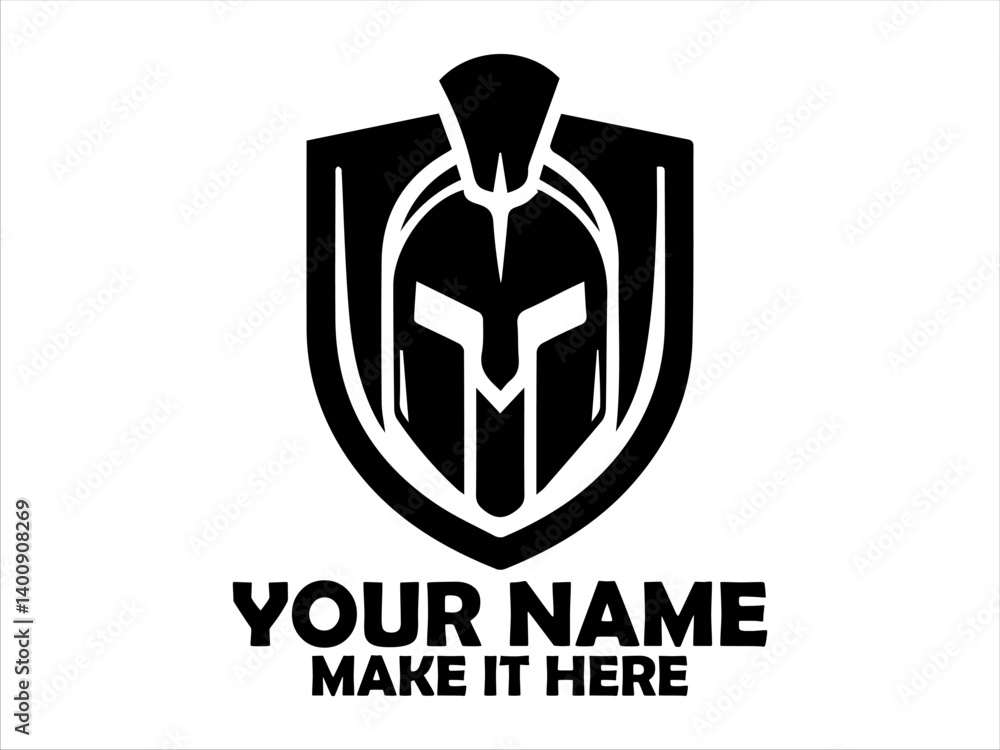 Stylized black and white emblem featuring a Spartan helmet silhouette within a shield shape. Warrior concept, spartan logo vector design Stylized black and white emblem featuring a Spartan helmet silhouette within a shield shape. Warrior concept, spartan logo vector design