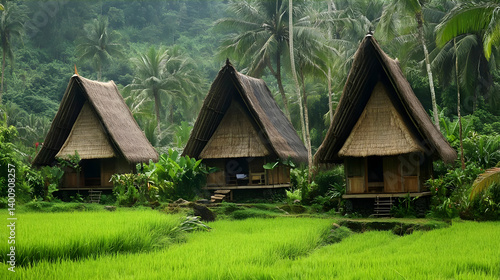 Three Thatched Roof Huts in Green Rural Landscape with Traditional Bamboo Structures and Tropical Plants Under Natural Light