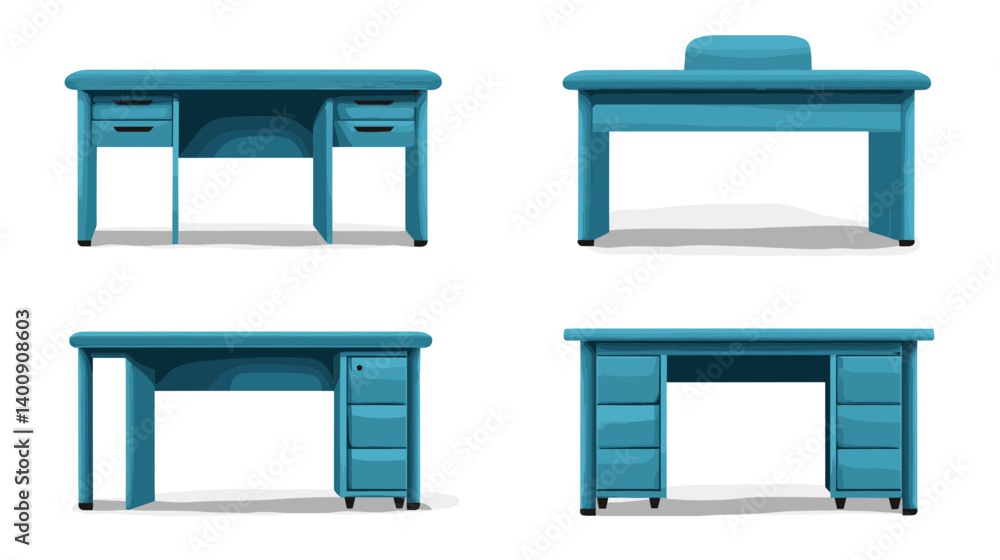 Four Variations of a Teal Office Desk with Drawers Four Variations of a Teal Office Desk with Drawers