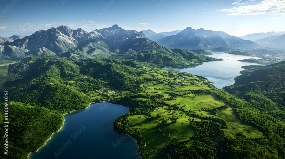 Aerial View Of Lush Green Valley With Lakes And Mountains Aerial View Of Lush Green Valley With Lakes And Mountains