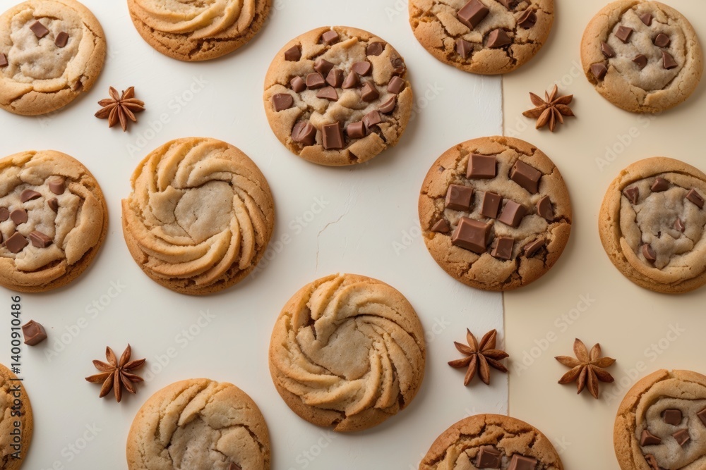 An assortment of freshly baked cookies, featuring swirl and chocolate chunks, arranged with decorative star anise on a pale background. An assortment of freshly baked cookies, featuring swirl and chocolate chunks, arranged with decorative star anise on a pale background.