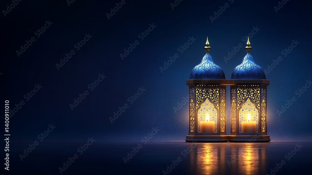 Fototapeta premium Two ornate lamps glow against a dark backdrop