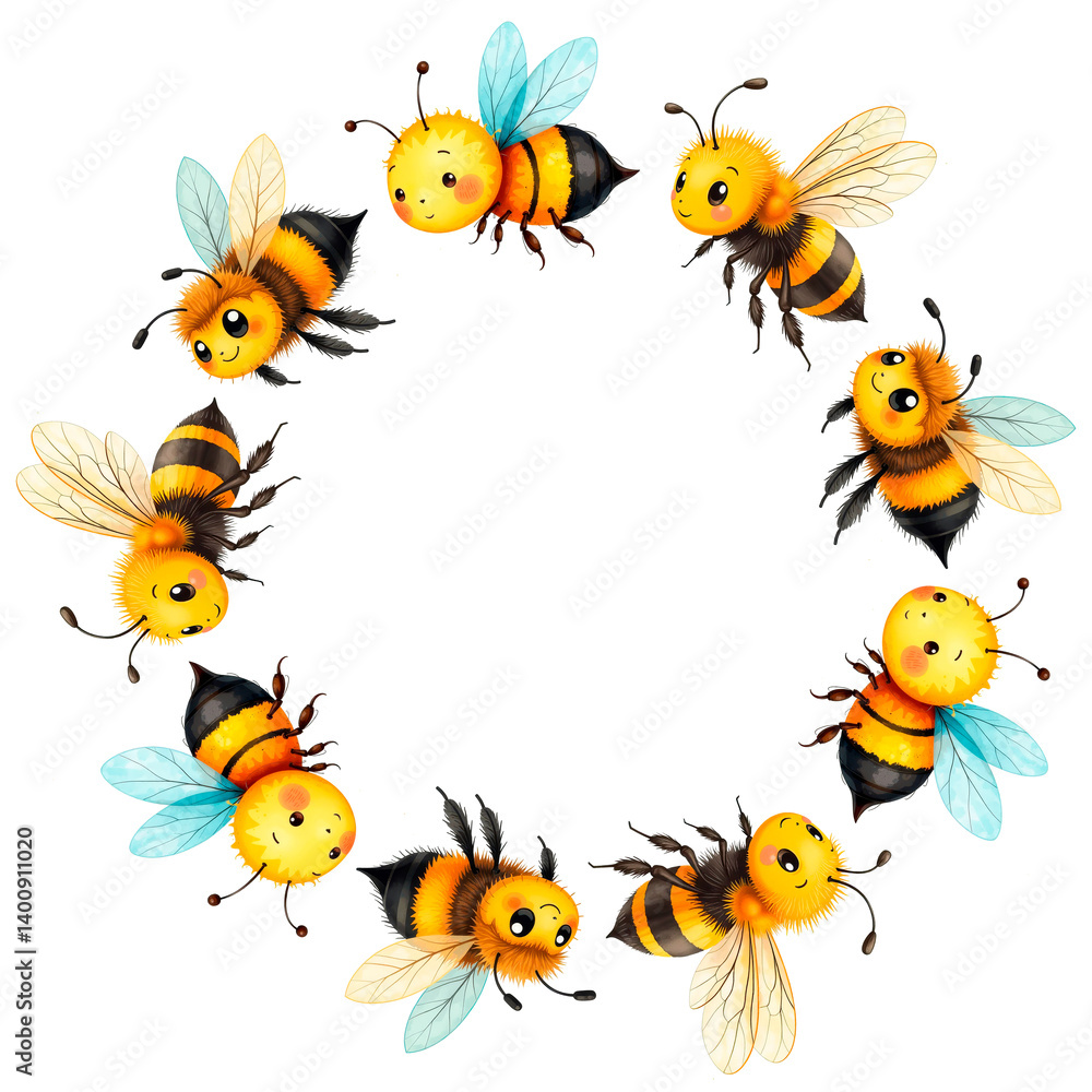 Watercolor round frame with cute bees on a white background. Perfect for greeting cards, invitations, baby shower designs, stationery, posters, prints, and creative projects with a nature theme. Watercolor round frame with cute bees on a white background. Perfect for greeting cards, invitations, baby shower designs, stationery, posters, prints, and creative projects with a nature theme.