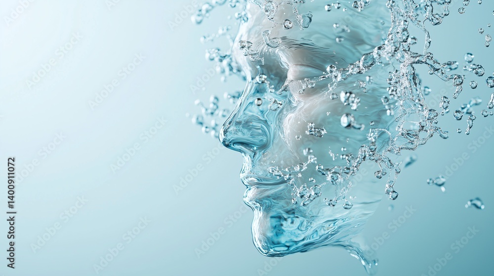Water droplets forming human facial silhouette against blue backdrop, representing purity, natural elements, fluid transformation Water droplets forming human facial silhouette against blue backdrop, representing purity, natural elements, fluid transformation