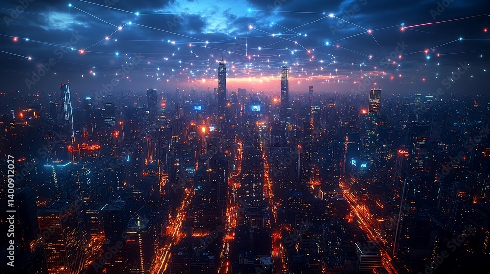 Obraz premium Futuristic cityscape at night with network connections and vibrant lights