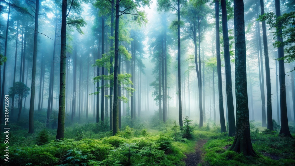 Naklejka premium A dense foggy forest with tall trees and misty atmosphere, nature, trees